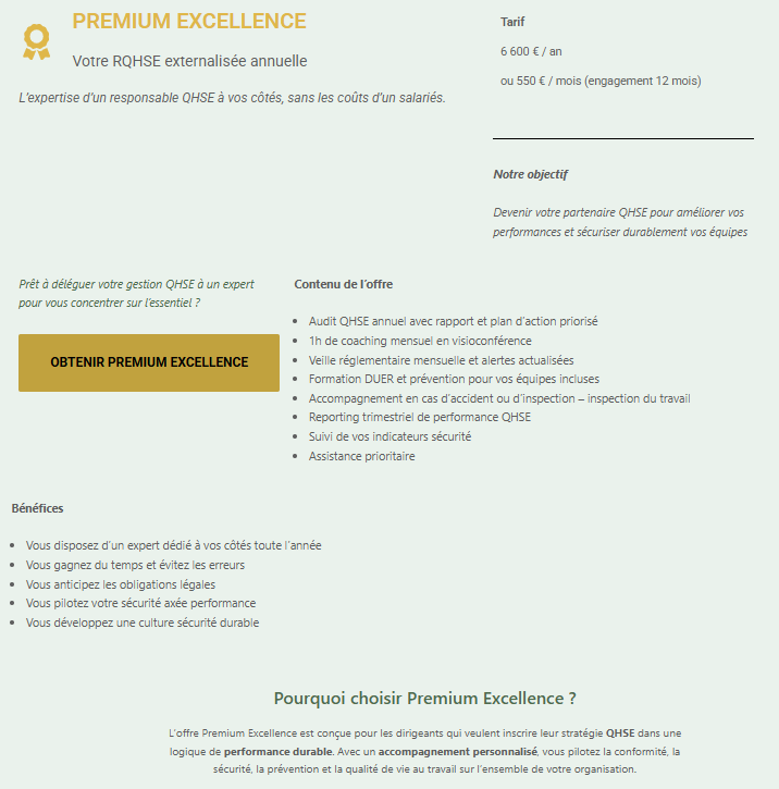 Programme Premium Excellence – Responsable QHSE externalisé des TPE/PME (engagement 12 mois) Paiement Annuel